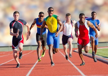 Six athletes running on race track